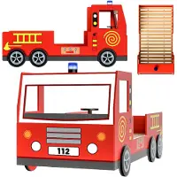 Casaria Lit enfant camion pompier 200x90cm rouge avec sommier