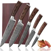 Wakoli Edib Ensemble de 5 couteaux damassés I Boîte en bois I Lame de 8 à 20 cm I Manche en bois de pakka