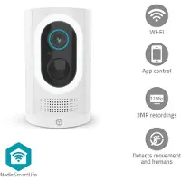 Nedis Caméra Wi-Fi extérieure, 3 MP HD, vision nocturne, IP65, batterie 6 mois