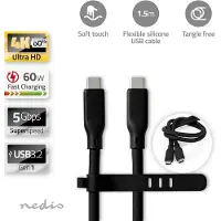 Nedis Câble USB | USB 3.2 Gen 1 | USB-C mâle | USB-C mâle | 60W | 8K@30Hz | 5Gbps | Nickelé | 1,50m | Rond | Silicone | Noir | Boîte
