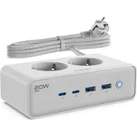 Voomy Prise multiple 6 en 1 20W USB-C - 2x USB-C & 2x USB-A - Prise multiple avec 2 emplacements - 4000W - 2M de câble - Blanc