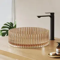 Emke Vasque à poser ronde 400x400x120mm en verre trempé or rose électrodéposé sans trou de robinetterie ni trop-plein, Design moderne