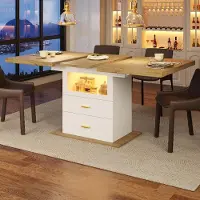 Flieks Table à rallonges avec éclairage LED pour salle à manger et cuisine, table pour 6 personnes, dimensions : 110-140 x 80 x 75 cm, bois naturel + blanc