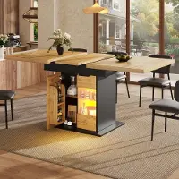 Flieks Table à manger télescopique avec éclairage LED, tablette pour collations, portes de placard, table de cuisine pliante pour 4 à 6 personnes, table à manger 110-140 x 80 x 76 cm, noir