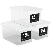 OEM Boîtes de rangement, lot de 3, 15 litres, empilables avec couvercle, transparentes, fermeture à pression, 39 x 28,5 x 18,8 cm, sans BPA