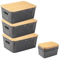 OEM Lot de 3 boîtes de rangement avec couvercle en bambou, organiseur de salle de bain en plastique de 5 litres, boîtes empilables avec poignée, gris