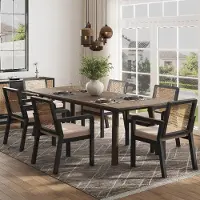 Flieks Lot de 6 chaises de salle à manger en velours avec dossier en rotin, chaise de maquillage avec pieds en bois de caoutchouc, chaise ergonomique 56 x 57 x 83 cm, noir