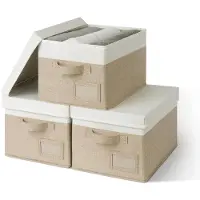 OEM 3 boîtes de rangement pliables en tissu avec couvercle, de couleur kaki.