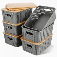 OEM Boîte de rangement avec couvercle en bambou, tiroir coulissant, organiseur de cuisine, imitation plastique, empilable