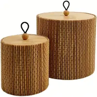 OEM Lot de 2 boîtes/paniers de rangement en bambou avec couvercle, marron (Ø8 x H8,2 / Ø12 x 11,2 cm)