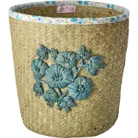 Rice Panier en raphia avec broderie florale bleue et bord en tissu floral - Bleu