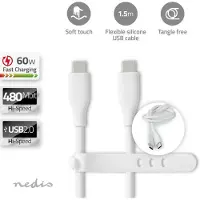 Nedis Câble USB - USB 2.0 - USB-C mâle - USB-C mâle - 60 W - 480 Mbps - nickelé - 1.50 m - rond - silicone - blanc - boîte
