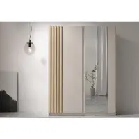 AX Living Armoire beige avec miroir, 150 cm, modèle Beralto à lamelles