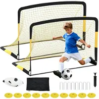 StarTech.com But de football pour enfants - Lot de 2 buts de football pliants - 1,8 x 1,2 m - Avec ballon, cônes et pompe - Filet d'entraînement portable pour le jardin - Jaune