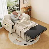 Merax Canapé-lit 2 places , canapé convertible avec fonction lit, table d'appoint rabattable, ports USB et USB-C, matelas et 2 oreillers, 2 draps, beige