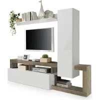 Meublorama Ensemble meubles salon avec rangements 220 cm, collection BURA, blanc laqué/chêne clair