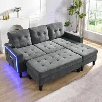 Merax Canapé-lit en L avec éclairage LED, canapé modulaire en chenille avec repose-pieds amovible, canapé 3 places avec port USB, canapé-lit, gris antique