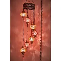 Halay Lampe suspendue turque à 7 globes en verre mosaïque rouge-orange – Lustres orientaux pour un éclairage d'ambiance