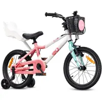 Sun baby Vélo pour enfants LOOFI 16 pouces, vélo léger en aluminium de 6,9 kg pour les enfants à partir de 4 ans, avec roues d'appoint, panier, sonnette et siège pour poupée, pour filles