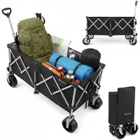 HyperMotion Chariot de transport pliable, chariot de plage ou de jardin, 250 litres, noir et argent, chariot de camping équipé de roues pivotantes à 360° et de freins