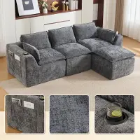 LVHOM Canapé modulaire 3 places, tissu chenille, configuration en L avec porte-gobelets et poches latérales, grand canapé, 256 cm, gris foncé