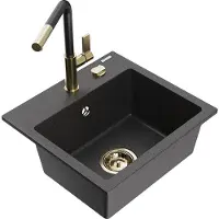 Mexen Évier 1 bac en granit Milo avec mitigeur Flora, noir moucheté (6505-76-670401-57-G)