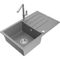 Mexen Bruno Evier 1 bac en granit avec égouttoir et mitigeur Flora, Gris - 6513-71-670401-00