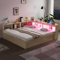 Flieks Canapé-lit hydraulique avec structure en bois, 90 x 200 cm / 180 x 200 cm, avec rangements, lit de jour avec fonction de rangement et revêtement en cuir, aspect naturel