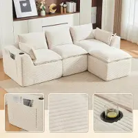 LVHOM Canapé modulable 3 places en velours côtelé, canapé d'angle avec porte-boissons et poches latérales, grand canapé, 256 cm, beige