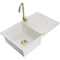 Mexen Bruno Evier 1 bac en granit avec égouttoir et mitigeur Telma, Blanc - 6513-20-670200-50