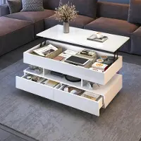 Merax : table basse réglable en hauteur avec éclairage LED, table de salon brillante avec espace de rangement et 2 tiroirs, table basse à plateau relevable, blanche