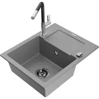 Mexen Enzo Évier en granit 1 bac avec égouttoir et mélangeur Flora, Gris - 6506-71-670401-07-B