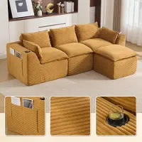 LVHOM Canapé modulable 3 places en velours côtelé, canapé d'angle avec porte-boissons et poches latérales, grand canapé, 256 cm, jaune