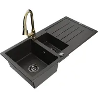 Mexen Évier en granit 1,5 bol avec égouttoir et mélangeur Elia, noir/or métallisé - 6515-75-670101-50-B