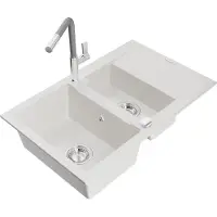 Mexen Gaspar évier en granit 1,5 bac avec égouttoir et mélangeur Flora, blanc - 6507-20-670401-06