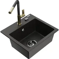 Mexen Évier 1 bac en granit Milo avec mitigeur Flora, noir/or métallique (6505-75-670401-57-B)