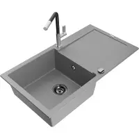 Mexen Leo Évier en granit 1 bac avec égouttoir et mélangeur Flora, Gris - 6501-71-670401-07-B