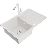Mexen Bruno Évier en granit 1 bac avec égouttoir et mélangeur Flora, blanc - 6513-20-670401-02
