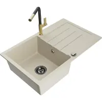 Mexen Bruno Évier en granit 1 cuve avec égouttoir et mitigeur Flora, Beige - 6513-69-670401-57-B