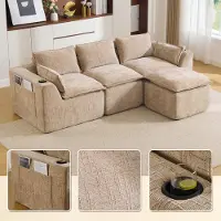 LVHOM Canapé modulable 3 places en chenille, canapé d'angle en L avec porte-boissons et poches latérales, grand canapé, 256 cm, kaki