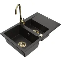 Mexen Gaspar évier en granit 1,5 bac avec égouttoir et mitigeur Telma, Noir/Or - 6507-75-670200-50