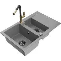 Mexen Gaspar évier en granit 1,5 bol avec égouttoir et mitigeur Flora, Gris - 6507-71-670401-57-B