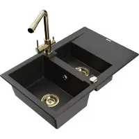 Mexen Gaspar évier en granit 1,5 bac avec égouttoir et mélangeur Duero, noir/or métallisé - 6507-75-671600-50