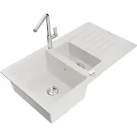 Mexen Matias évier en granit 1,5 bac avec égouttoir et mélangeur Flora, blanc - 6502-20-670401-00