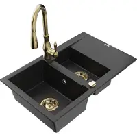 Mexen Gaspar évier en granit 1,5 bol avec égouttoir et mélangeur Savita, Noir/Argent - 6507-73-672601-50