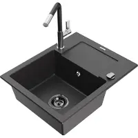 Mexen Enzo Évier en granit 1 bac avec égouttoir et mélangeur Flora, noir moucheté - 6506-76-670401-07-B