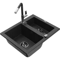 Mexen Carlos granit 1,5 compartiment avec robinet de cuisine Flora, métal noir/argent - 6518-73-670401-07-B