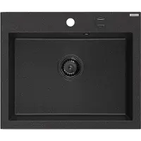 Mexen Elix évier en granit 1 bac 600 x 500 mm, noir/argent métallisé, siphon noir - 6525601005-73-B