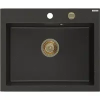 Mexen Elix évier de cuisine en granit 1 bac 600 x 500 mm, noir/doré métallique, siphon doré - 6525601005-75-G