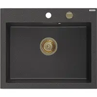 Mexen Elix évier de cuisine en granit 1 bac 600 x 500 mm, noir moucheté, siphon doré - 6525601005-76-G